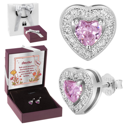 Srebrne kolczyki pr. 925 serce z różową cyrkonią
