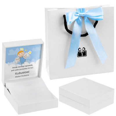 Białe z niebieską tasiemką