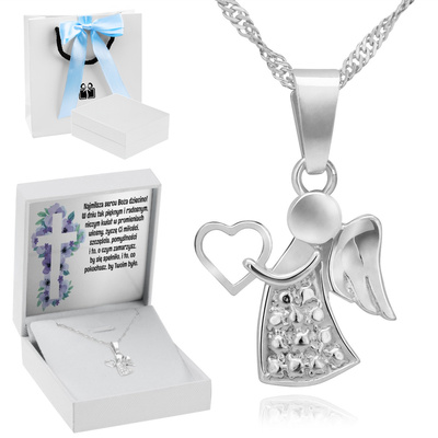 Srebrny łańcuszek, pudełko z błękitną kokardką